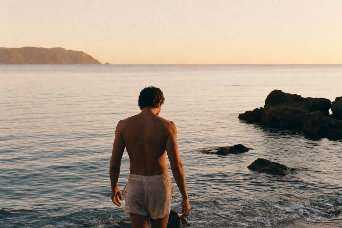 A figure walking into the Mediterranean sea at dusk, seen from behind